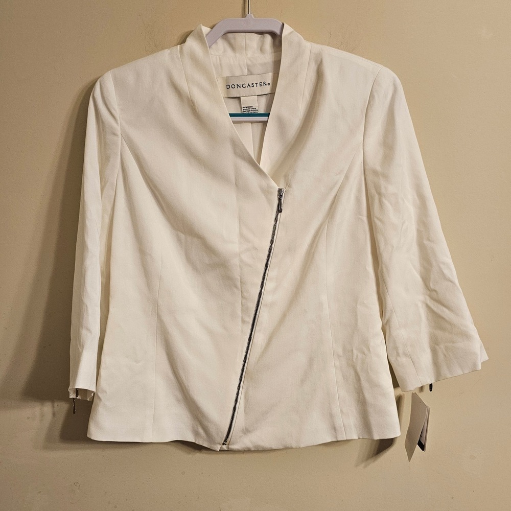 Doncaster Asymmetric Zip Jacket Women 10 White 100% Tencel 3/4 Sleeve NWT